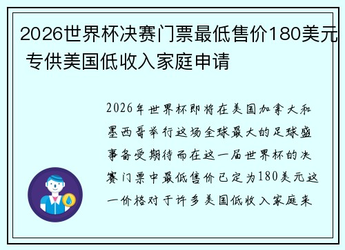 2026世界杯决赛门票最低售价180美元 专供美国低收入家庭申请